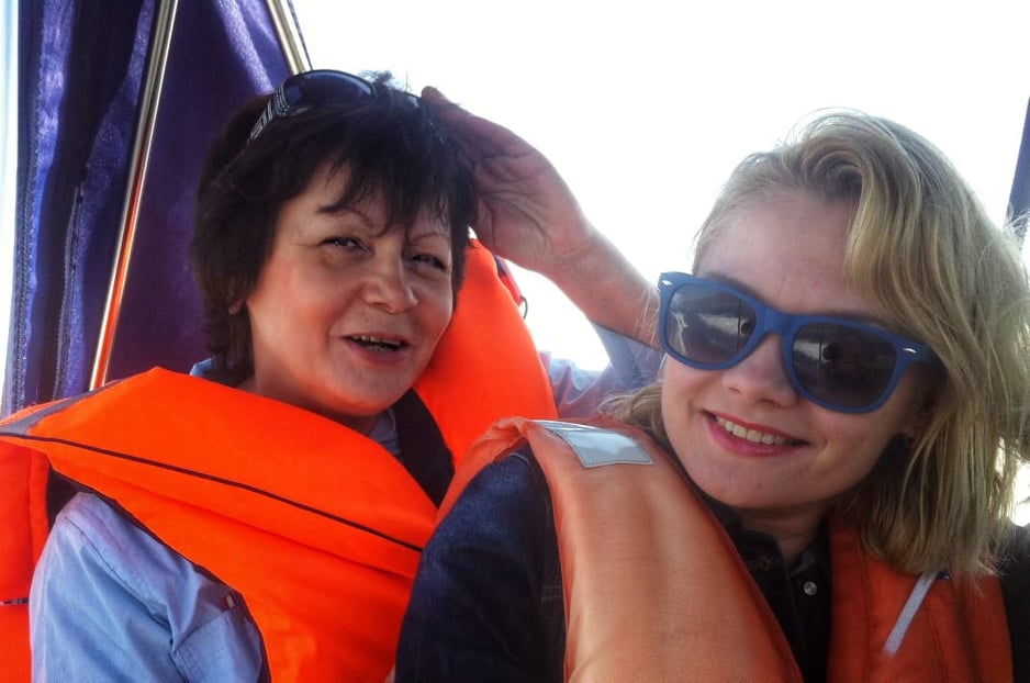 Two women on a boat on Lake Baikal