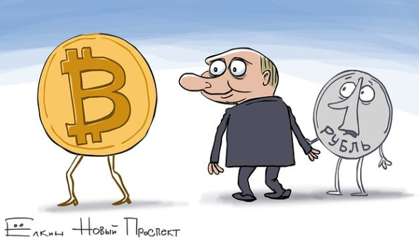 A political cartoon featuring Vladimir Putin holding the hands of a ruble, while putting all of his focus on Bitcoin.