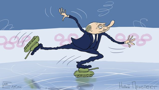 A political cartoon featuring Vladimir Putin skating in an ice rink, though his ice skates are military tanks
