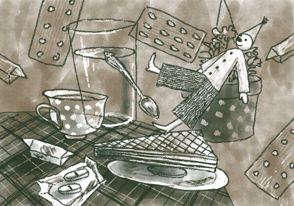 Illustration with dolls and cakes.