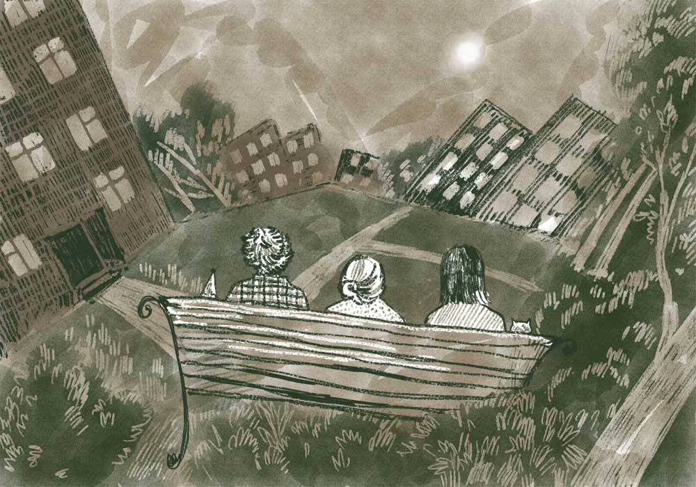 Illustration of people sitting on a bench.