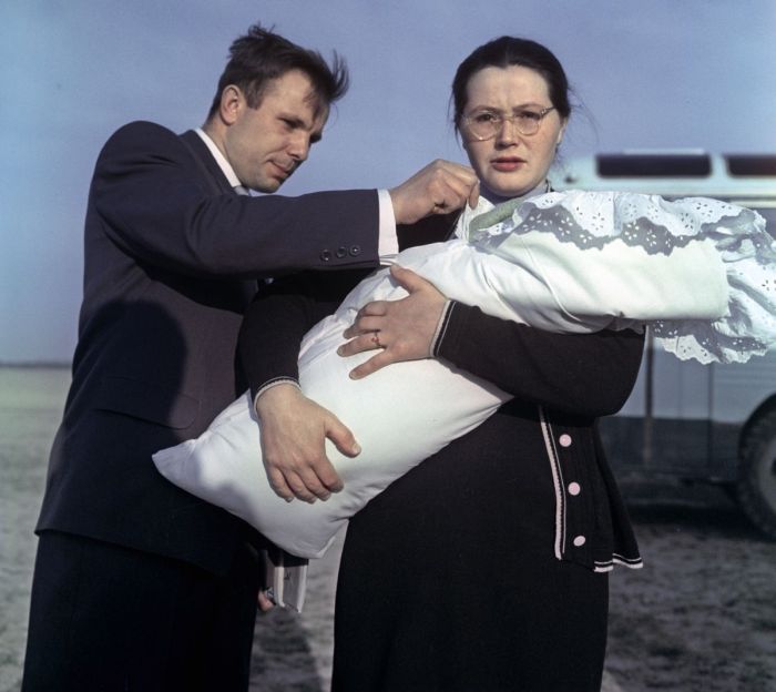 Gagarin with wife Valentina and newborn Galya, 1961