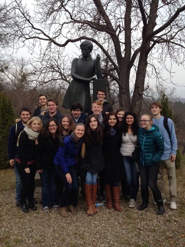 American students in Moldvoa with Pushkin statue