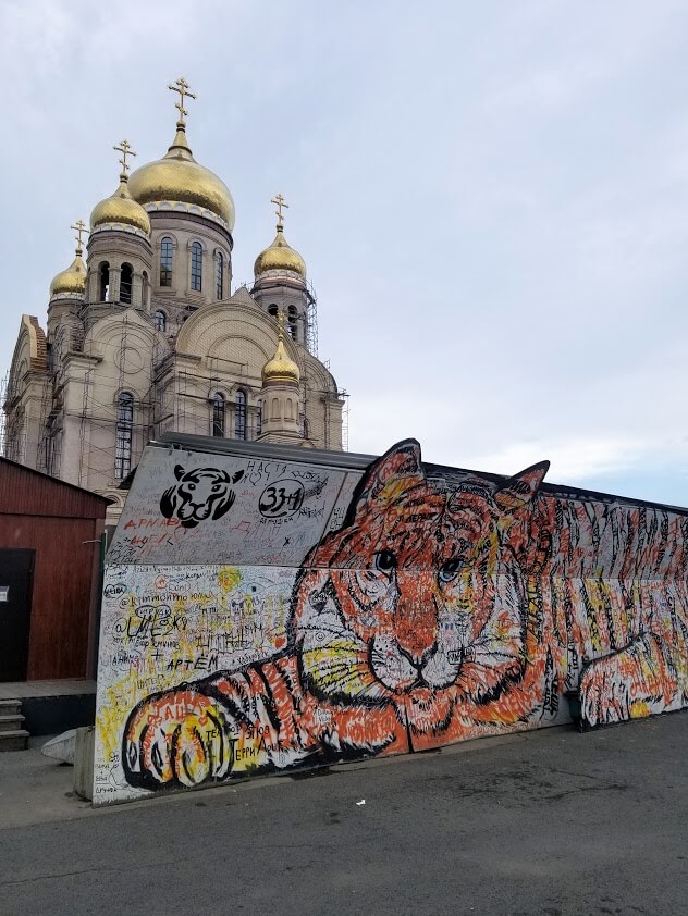 Graffiti tiger in front of church in Vladivostok