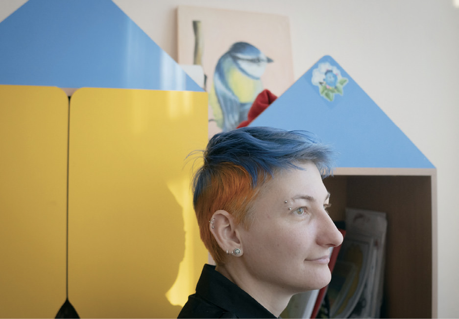 Woman with colorful hair.