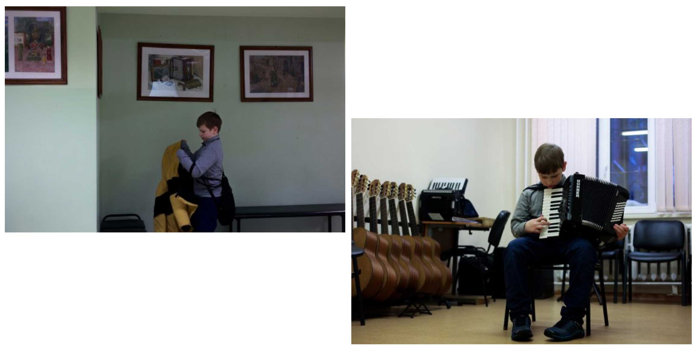 Boy playing according and studying art.