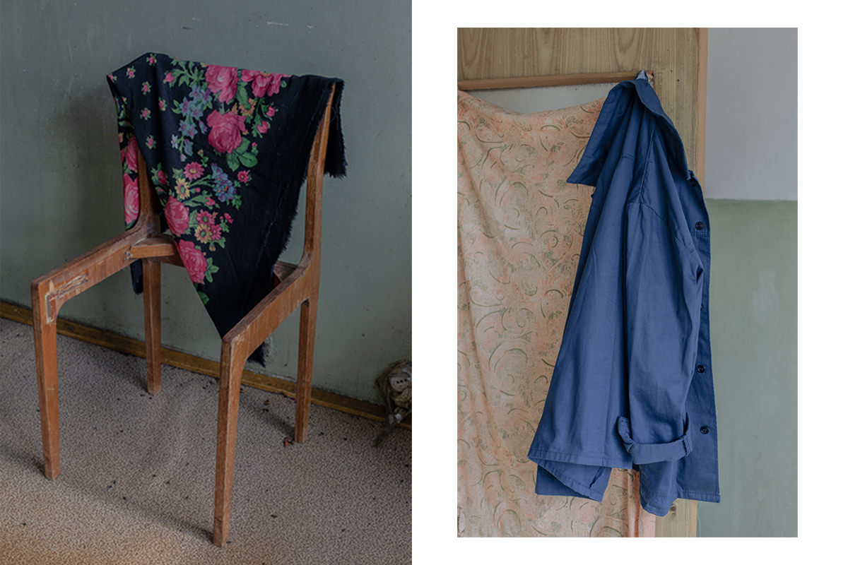 Scarf and coat on a chair.