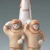 1970s porcelain figure of cosmonauts and USSR rocket.